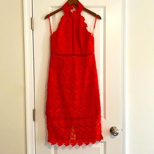 Red Lace Halter Backless Midi Dress- Bardot